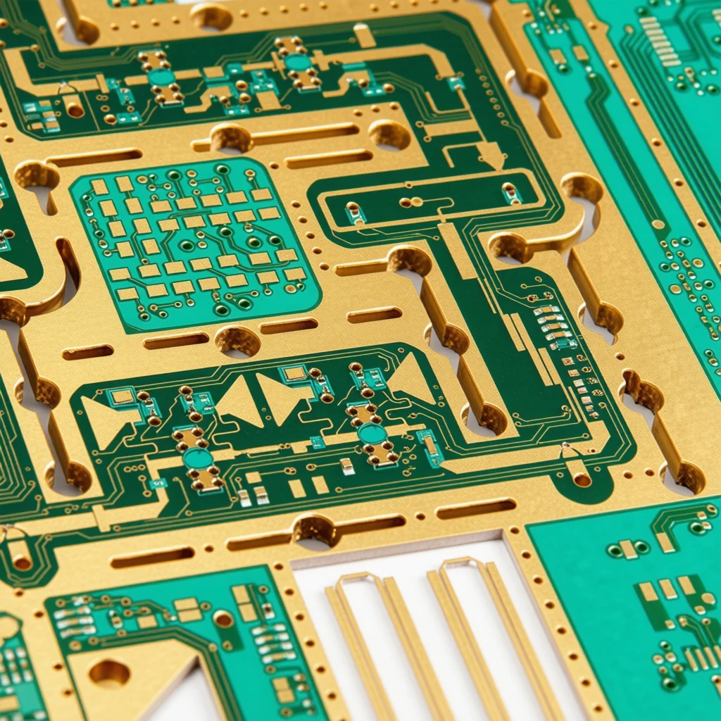 Gold-plated microwave circuit panel with etched transmission lines and castellated edge vias.